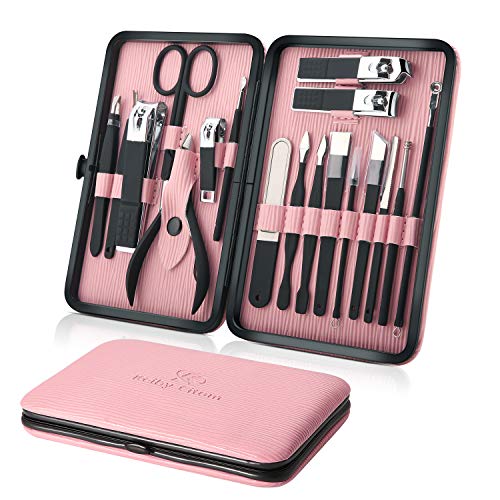 Book Cover Manicure Set Professional Nail Clippers Kit Pedicure Care Tools- Stainless Steel Women Grooming Kit 18Pcs for Travel or Home (Pink)