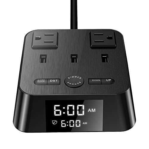 Book Cover Yostyle Alarm Clock Charger w/3 USB Ports & 2 AC Outlets, 6ft Power Cord Charging Station Power Strip for Hotel Home Office,UL Tested (4 Dimmer Brightness,Snooze,ON/Off Switch,DST Time,Battery Backup)