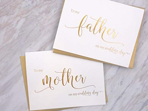 Book Cover Set of 2 Gold Foil Wedding Day Cards with Gold Shimmer Envelopes, To My Mother on my Wedding Day Card, To My Father on my Wedding Day Card