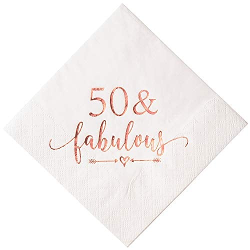 Book Cover Crisky 50 and Fabulous Cocktail Napkins Rose Gold for Women 50th Birthday Decorations, 50th Birthday Bevergae Dessert Table Supplies, 50Pcs, 3-Ply