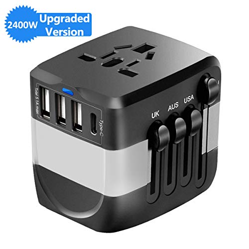 Book Cover Universal Travel Adapter, 2400W International Power Adapter, European Adapter Worldwide All in One Plug Adaptor with 1 USB C + 3 USB for High Power Appliances for EU,UK,US,AUS,Over 200 Countries,Grey