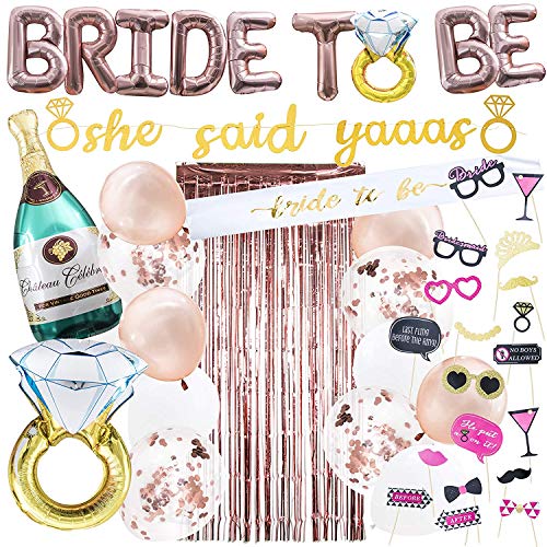 Book Cover Rose Gold Bachelorette Party Decorations Kit I Bridal Party Decor I She Said Yaaas Banner, Bride to be Balloon, Engagement Ring Balloon, Rose Gold Foil Curtain + Girls Night Photo Booth Props