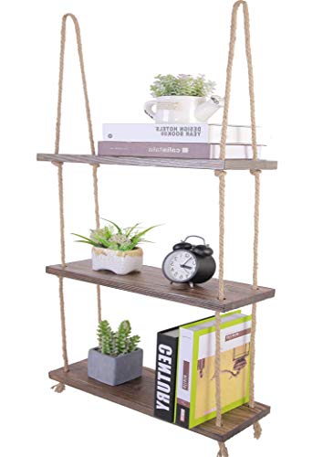 Book Cover Rustic Rope Hanging Shelves for Wall Wood Window Plant Shelf Indoor 3 Tier Light Brown