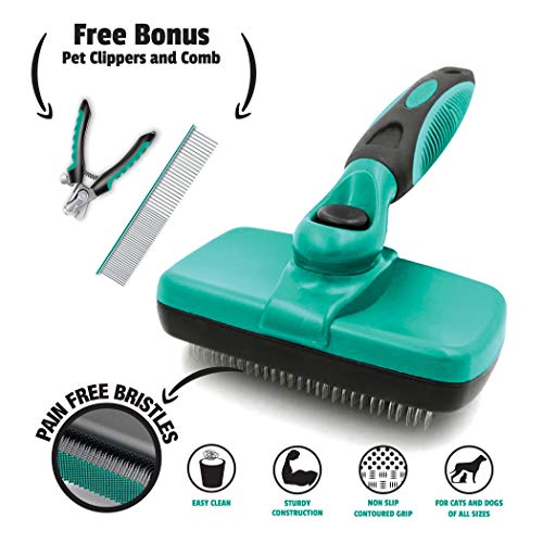 Book Cover Ruff 'n Ruffus Self-Cleaning Slicker Brush + 2 Free Bonuses | Steel Comb + Pet Nail Clippers |Grooming Supplies Great for All Breeds & Hair Types