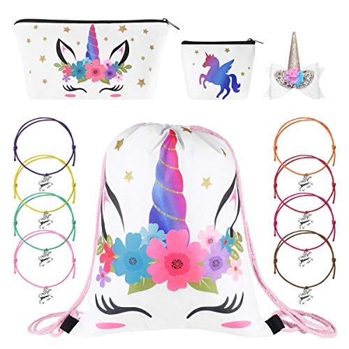 Book Cover Drawstring Bag Unicorn Set Makeup Bag Coin Purse Hair Clip and Bracelets Gifts Set for Kids Party (White)