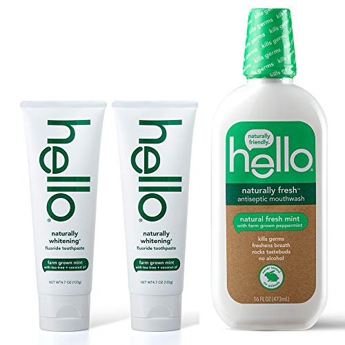 Book Cover Hello Oral Care Naturally whitening Fluoride Toothpaste Twin Pack + Naturally Fresh Antiseptic mouthwash