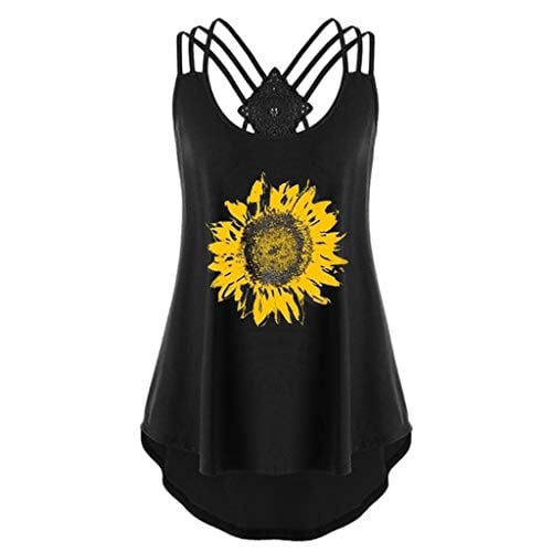 Book Cover Women o Neck Vest tees Sunflower Print Sleeveless T Shirts Graphic Bandages Vest Blouse Back Strappy Casual Tank Tops Tunics