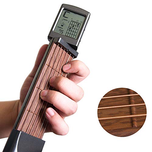 Book Cover Volwco Pocket Guitar Chord Trainer, Portable Guitar Practice Tool For Beginner, Mini 6 Fret Guitar Finger Memory Exerciser With Rotatable Chords Chart Screen And Pitch Adjustment Wrench And Cloth Bag