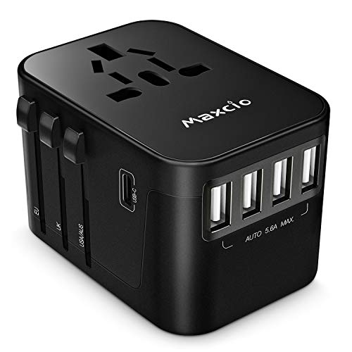 Book Cover International Travel Adapter, Maxcio Universal Travel Power Plug Adapter with 4USB, 1 Type-C Port Worldwide Wall Charger AC European Plug Adapters for Europe, USA UK AUS 150+ Countries(Black)