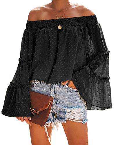 Book Cover Beautife Womens Summer Off The Shoulder Tops Polka Dot Casual Loose Chiffon Bell Sleeve Blouse Shirts