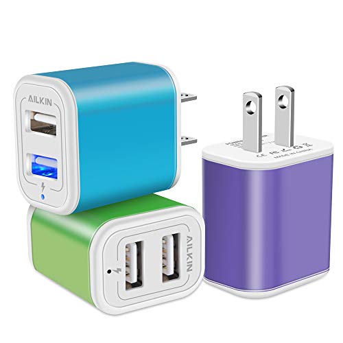 Book Cover USB Power Adapter, Wall Plug, Ailkin 3-Pack 5V/2.1A Fast Charging Cell Phone Cube Home/Travel Wall Charger Block Box Brick Base for iPhone XS/XR/10/8/7, iPad, Samsung Galaxy, LG, HTC, More USB Plug
