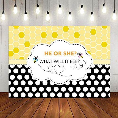 Book Cover Fanghui 7x5FT Bee Theme Gender Reveal Party Photography Backdrop Bumble Bee He or She What Will it Bee Background Honeycomb Dots Bee-Day Party Banner Supplies Photobooth Props
