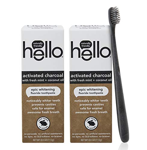 Book Cover Hello Oral Care Activated charcoal whitening fluoride toothpaste twin pack + bpa-free black toothbrush