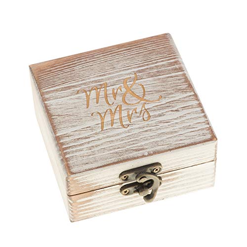 Book Cover Ella Celebration Wood Ring Box for Wedding Ceremony Rustic Vintage Ring Bearer Box, Unique Engagement Ring Holder Boxes for Marriage, Mr & Mrs Decorative Boho Jewelry Favor Gift (Antique White)