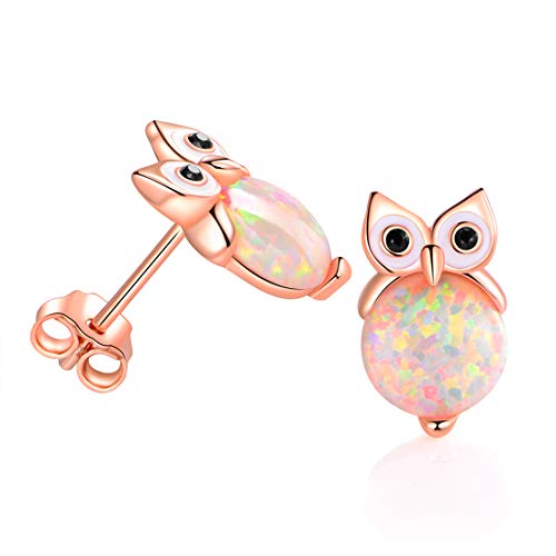 Book Cover GEMSME 18K Rose Gold Plated Sterling Silver Opal Owl Stud Earrings for Women