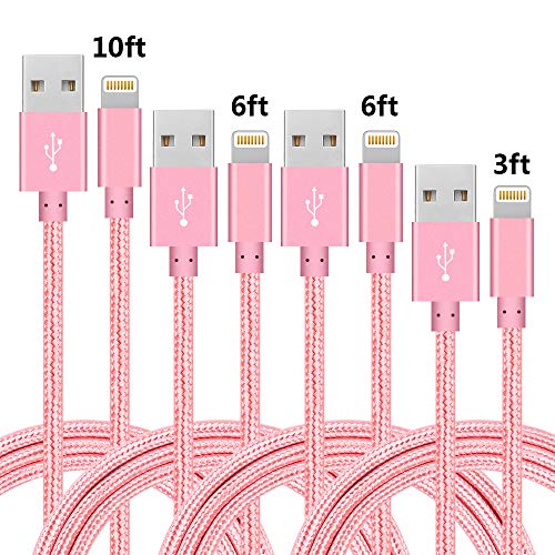 Book Cover 4Pack(3ft 6ft 6ft 10ft) iPhone Lightning Cable Apple Certified Braided Nylon Fast Charger Cable Compatible iPhone Max XS XR 8 Plus 7 Plus 6s 5s 5c Air iPad Mini iPod (Pink)