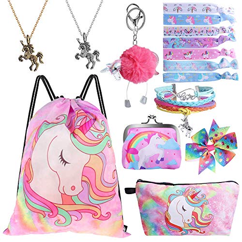 Book Cover Standie 9PCS Drawstring Backpack for Unicorn Gift for Girls Include Makeup Bag Bracelet Necklace Set Hair Ties for Unicorn Party Favors (Pink)