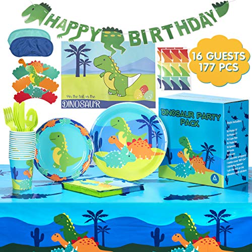 Book Cover AwesomeAll 177 Dinosaur Party Supplies-Plates, Cups, Napkins, Cupcake Wrappers, Pin the Tail on the Dinosaur Game, Birthday Banner, Table Cover, Spoons, Forks, Knives - Serve 16