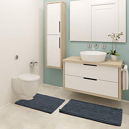 Book Cover Pretigo Bathroom Rugs Chenille 2-Piece Bath Mat Set, Soft Plush Anti-Slip Shower Rug +Toilet Mat.1'' Microfiber Shaggy Carpet, Super Absorbent Mats (Black, 32