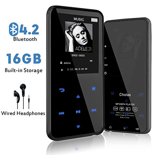Book Cover MP3 Player with Bluetooth 4.2, Cholas MP3 Player with 2.4 Inch Screen, 16GB MP3 Player with Headphones, Speaker, Voice Recorder, FM Radio Recording, Pedometer, Support up To 128GB