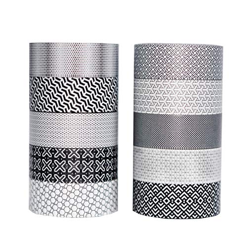 Book Cover Washi Tape | Set of 10 | Japanese Masking Tape | Custom Pattern Rolls | Black & White Geometric