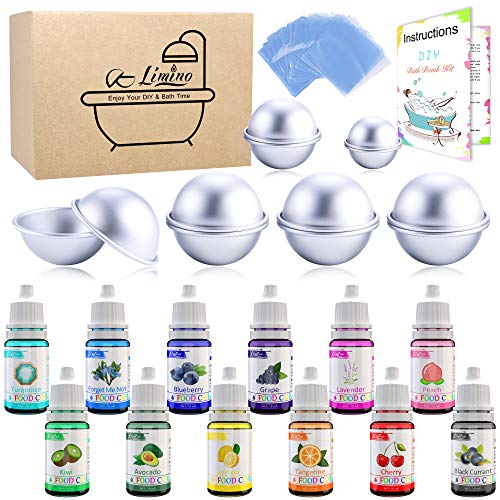 Book Cover 12 Pieces Bath Bomb Mold Set with 12 Soap Dye, Shrink Wrap Bags - DIY Bath Bombs Making Supplies Kit - Food Grade Skin Safe Bath Bomb Dye for Soap Coloring, Crafting Fizzles - with Instructions