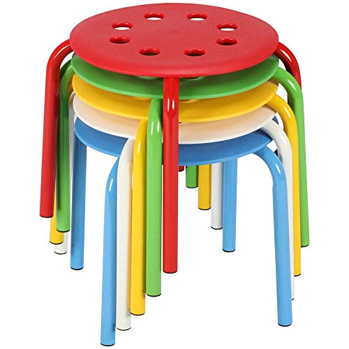 Book Cover Yaheetech 12in Plastic Stack Stools - Colored Classroom Stackable Stools Chairs for Kids Students Metal Leg Bar Stools Pack of 5