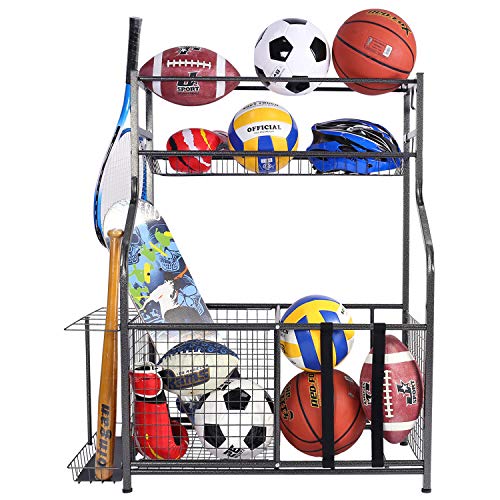 Book Cover Mythinglogic Garage Storage System, Garage Organizer with Baskets and Hooks, Sports Equipment Organizer for Kids, Ball Rack, Garage Ball Storage, Sports Gear Storage, Black, Powder Coated Steel