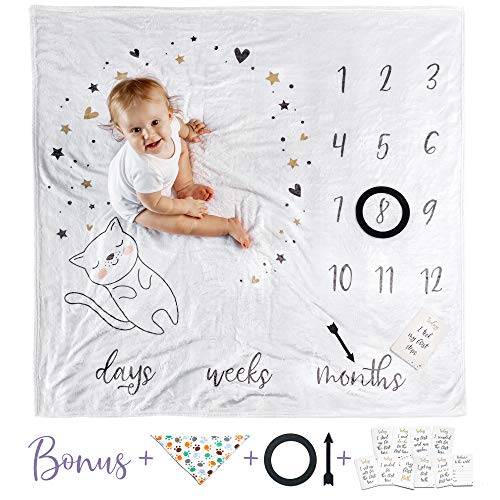 Book Cover Baby Monthly Milestone Blanket for Pictures - Baby Blanket, Milestone Monthly, Newborn Shower Girl Photography Boy Photo Fleece Month for Pictures Watch Me Grow Thick Months Floral Memory Personalized