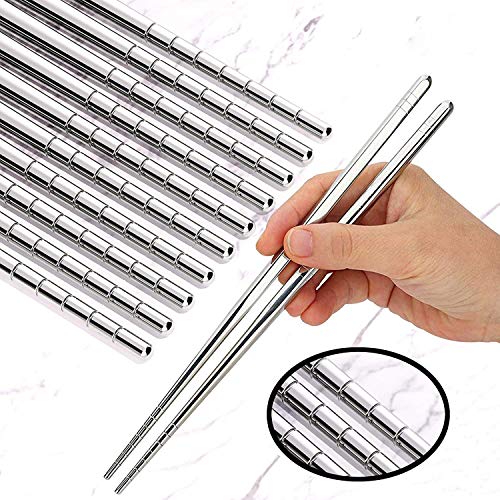 Book Cover 10 Pairs Premium Reusable Chopsticks Set - 5 Pairs Metal Stainless Steel Chopsticks with 5 Pairs Natural Wooden Bamboo chopsticks Lightweight Easy to Use Chop Stick Utensils (5 Pairs Stainless Steel with 5 Pairs Bamboo)