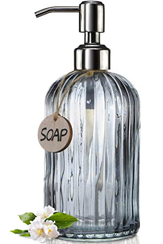 Book Cover JASAI 18 Oz Vertical Striped Kitchen Soap Dispenser with 304 Rust Proof Stainless Steel Pump, Refillable Liquid Soap Dispenser for Bathroom, Kitchen, Hand Soap, Dish Soap (Clear Grey)