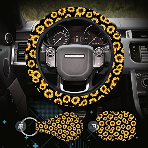 Book Cover 4 Pieces Sunflower Steering Wheel Cover for Women Girl, Cute Sunflower Car Accessories, Easy to Install Car Steering Wheel Cover Set, Sunflower Car Cup Holder and Key Ring, Sunflower Gifts for Women