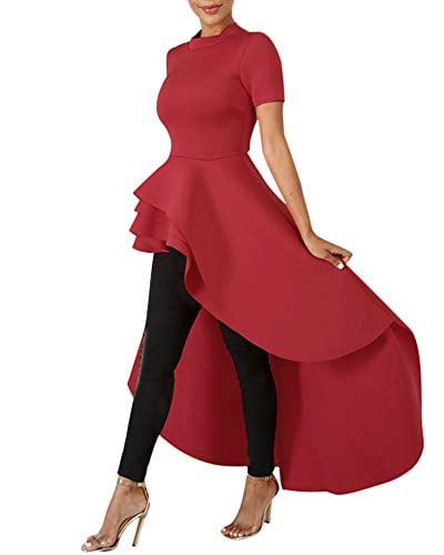 Book Cover Uni Clau Womens Ruffle High Low Dresses - Elegant Asymmetrical Irregular Peplum Top Tunics Maxi Shirt Dress - Red - XX-Large