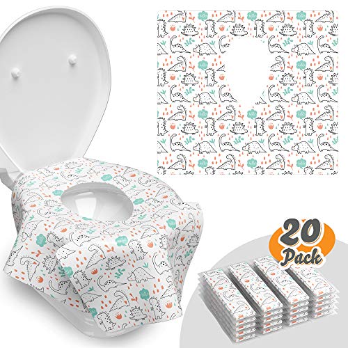 Book Cover Toilet Seat Covers Disposable - 20 Pack - Waterproof, Ideal for Adults and Kids - Extra Large, Individually Wrapped for Travel, Toddlers Potty Training in Public Restrooms (Dinosaurs, 20)