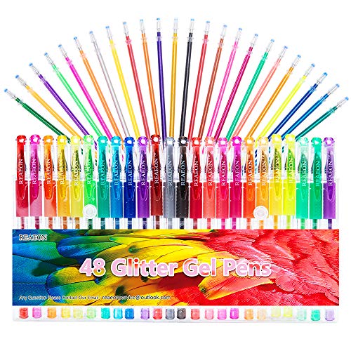 Book Cover Glitter Gel Pens Set 24 Colored Glitter Pen with 24 Refills for Adult Coloring Books Craft Drawing Doodling, 40% More Ink