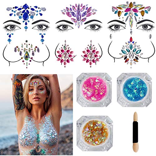 Book Cover Festival Face Jewels - 6 Sets Women Mermaid Face Gems Glitter Breast Nipple Body Jewelry Stickers with 3 Boxes Chunky Face Glitter Eyes Face Body Temporary Tattoos
