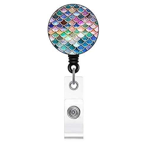 Book Cover Badge Reel, Mermaid Fish Scales Pattern Retractable ID Card Badge Holder with Alligator Clip, Name Decorative Badge Reel Clip on Card Holders for Cute Girls,Women, Nurse, Teacher, Student, Volunteer