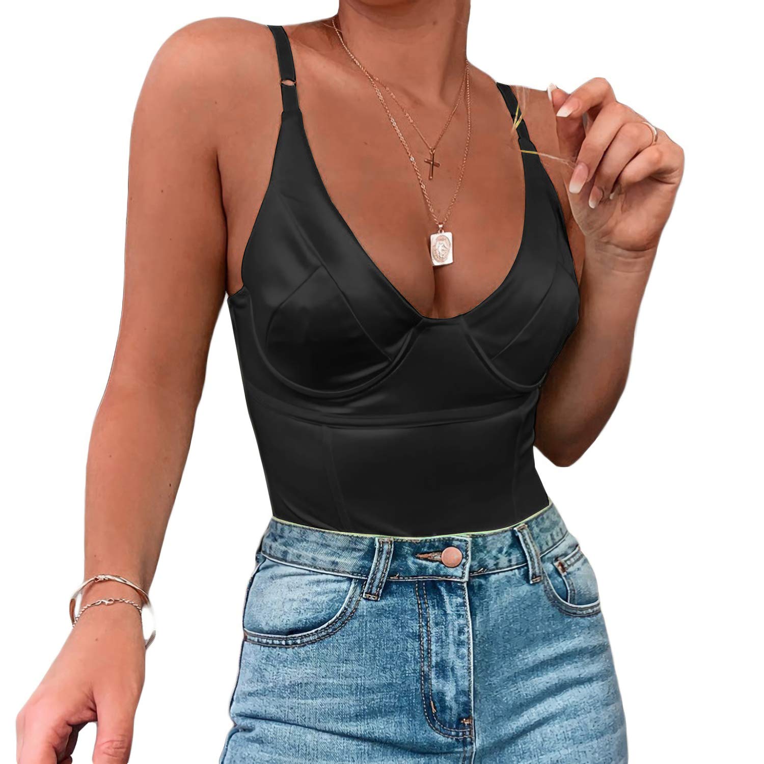 Book Cover Velius Women's Sexy Deep V Neck Shiny Thong Bodysuit Tank Tops with Underwire Black Small