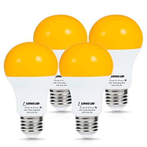 Book Cover L LOHAS LED Lohas A19 Led Dusk To Dawn Yellow Bug Light Bulb, Amber Outdoor Front Porch Yellow Bulb, 40W Equivalent, Sensor Lights Outdoor For Security, Auto On/Off Light Bulbs For Stairways,Pack Of 4