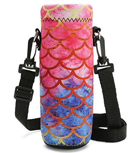 Book Cover Richen Neoprene Water Bottle Carrier Bag with Adjustable Shoulder Strap,Insulated Water Bottle Cover for 750ml/24oz Stainless Steel/Glass/Plastic Bottles (Mermaid Scale, 750ML)