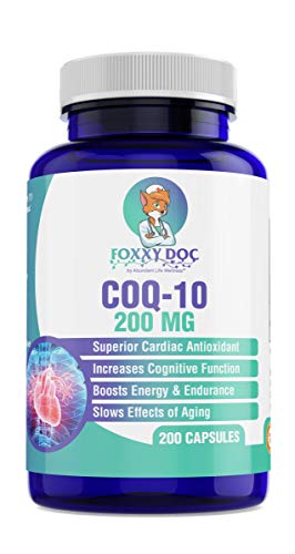 Book Cover CoQ10 - Co-Enzyme Q10 - 200 mg - Excellent Price - 200 Caps - Non-GMO - Brain; Heart & Muscle & Cell Supplement 6.5 Month Supply by Foxxy Doc