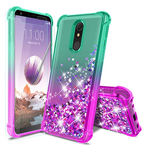 Book Cover LG Stylo 5 Phone Case, LG Stylo 5 Case with 2Pcs Screen Protector,Gradient Floating Quicksand Four Reinforced Corners TPU Bumper Cushion Protective Shockproof Phone Cover for Girls Women, Mint/Purple