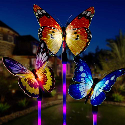 Book Cover Garden Solar Lights Outdoor, UBKER 3 Pack Solar Stake Lights Multi-Color Changing LED Butterfly, Fiber Optic Decorative Lights for Yard, Garden, Solar Powered Light with a Purple LED Light Stake