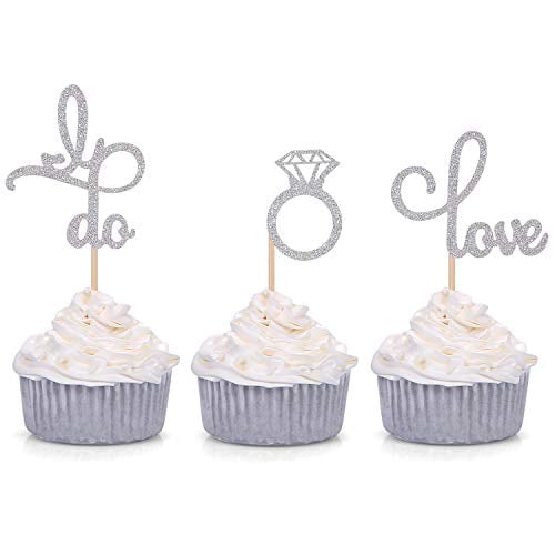 Book Cover Set of 24 Silver Glitter Love Diamond Ring I Do Cupcake Toppers for Wedding Bridal Shower Engagement Party Picks