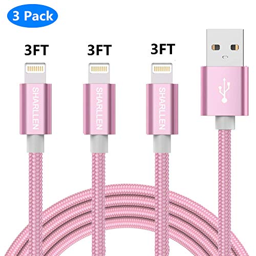 Book Cover iPhone Charging Cable,SHARLLEN 3/3/3FT MFi Certified Nylon Braided Lightning Cables Fast USB Charging&Syncing Cord Compatible iPhone Charger XS/Max/XR/X/8P/8/7/7P/6/iPad/iPod 3 Pack (Rose Gold 3ft)