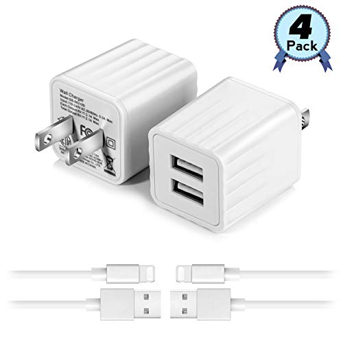 Book Cover USB Wall Charger with 3 ft iOS Charging Cable,2.1A Dual Port Phone Fast Charger Adapter Plug Cube Compatible with iPhone 11/11 Pro/11 Pro Max/XS Max/XS/XR/X/8/8 Plus/7/7 Plus/6 and More- 4 Pack