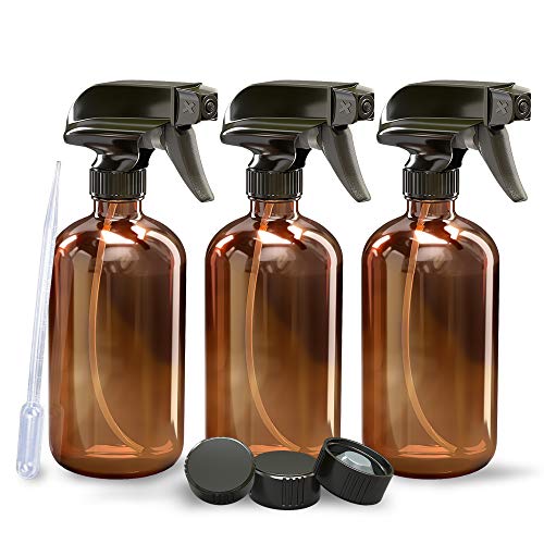 Book Cover 3 Pack - Refillable Empty Amber Glass Spray Bottles [Free Microfiber Cloth] for Cleaning Solutions, Hair, Essential Oils, Plants - Trigger Sprayer with Mist and Single Mode (16 OZ)