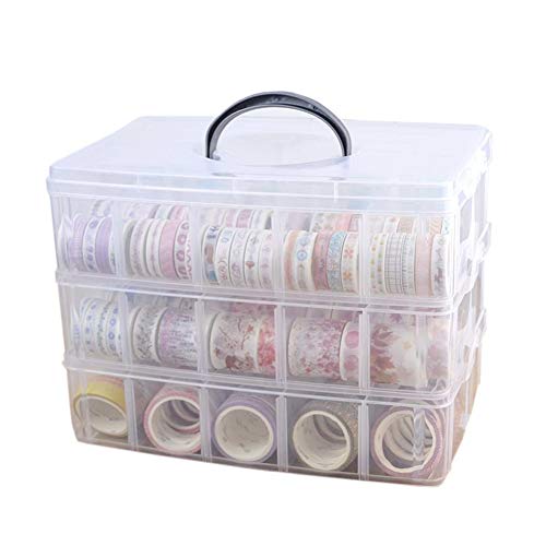 Book Cover Washi Tape Holder, Washi Tape Box Organizer Craft Storage - 3 Layer Large Divider Closet Container, with 30 Adjustable Compartments, Clear