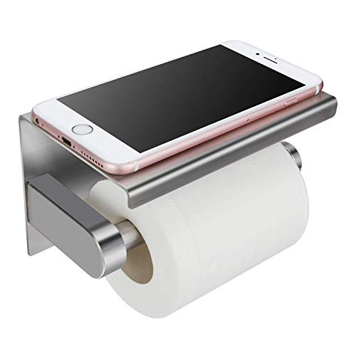 Book Cover WAYDELI Toilet Paper Holder with Phone Shelf, Fit Mega Rolls, Tissue Roll Dispenser with Storage Shelf, SUS304 Stainless Steel, 3M Adhesive No Drill or Wall-Mounted with Screws - Brushed Nickel