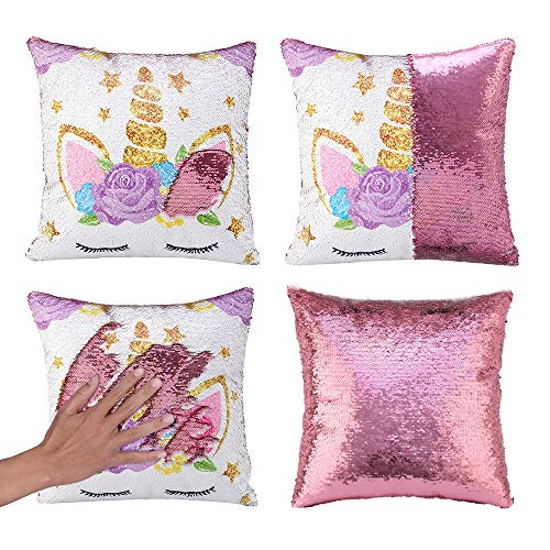 Book Cover Unicorn Gifts Mermaid Throw Pillow Cover Magic Reversible Sequin Cushion Cover Decorative Pillowcase Unicorn Room Decor for Girls, Only Pillow Cover, 1 Pack(Unicorn G -Light Pink Sequin)
